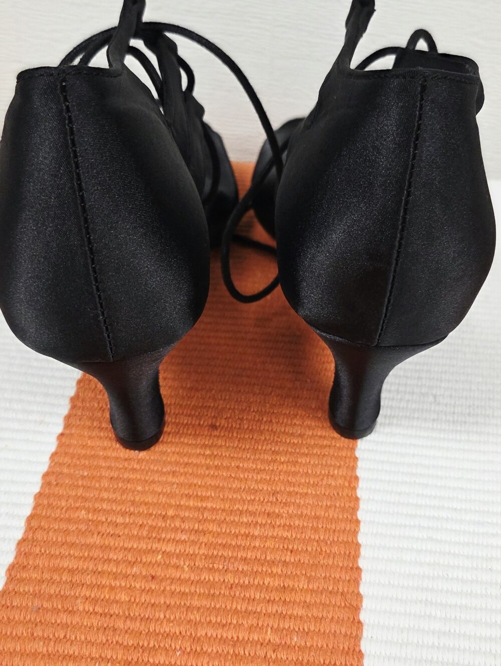 Ballroom Salsa Black Satin Lace-Up Dance Heels 9 - Picture 7 of 12